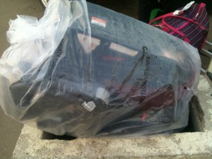 Car seats wrapped up so we didn't have to pay £140 for each of the 3, just one £140 charge.